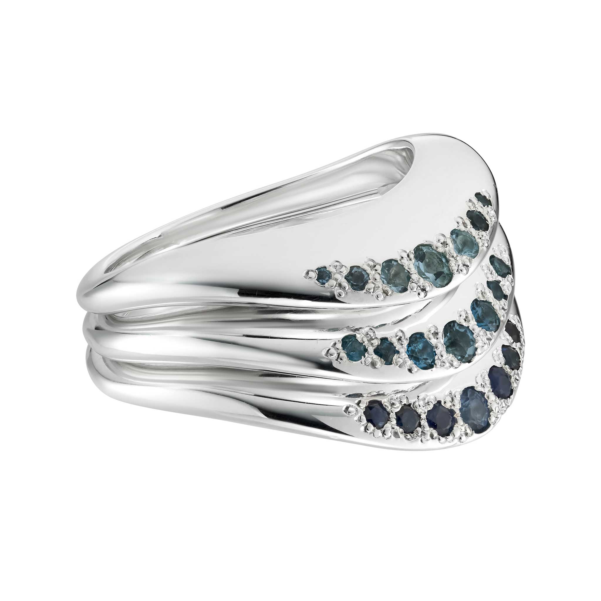 Round Brilliant-Cut Sapphire Wave Ring in Silver